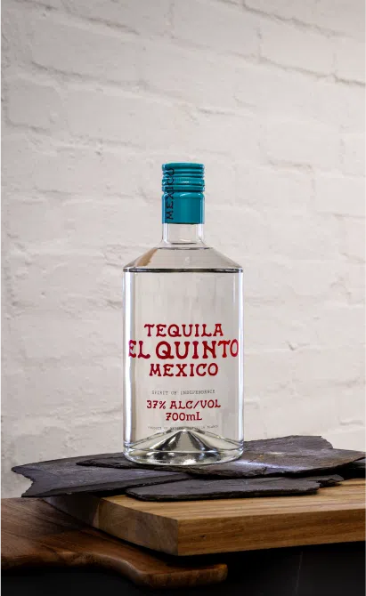 A bottle of 'Tequila El Quinto Mexico' in front of a white background